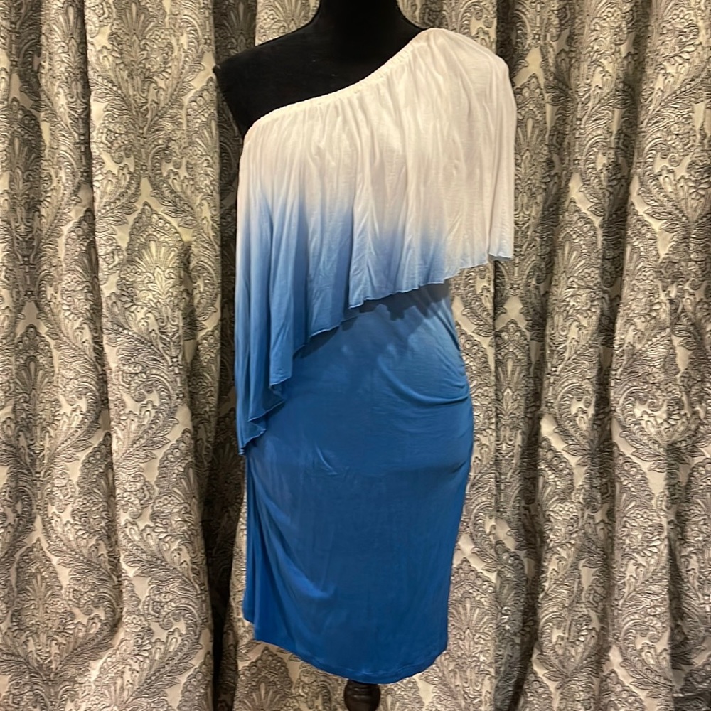Blue and white tie-dye one shoulder dress
